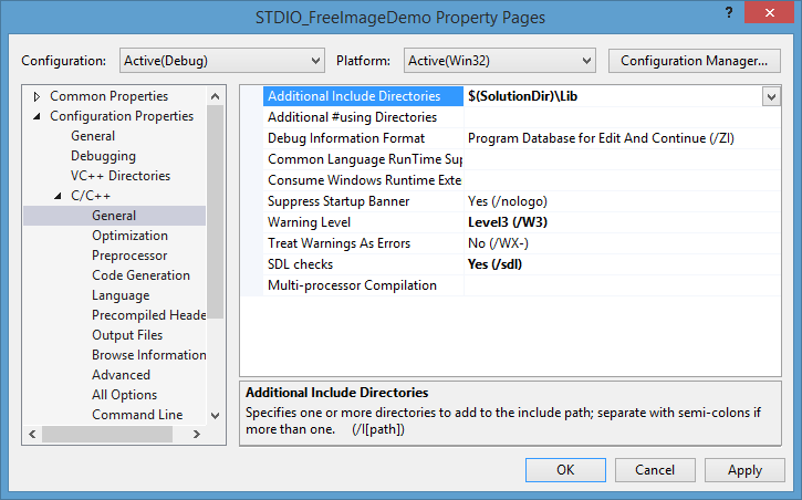 Thêm thư viện FreeImage vào project Visual Studio.