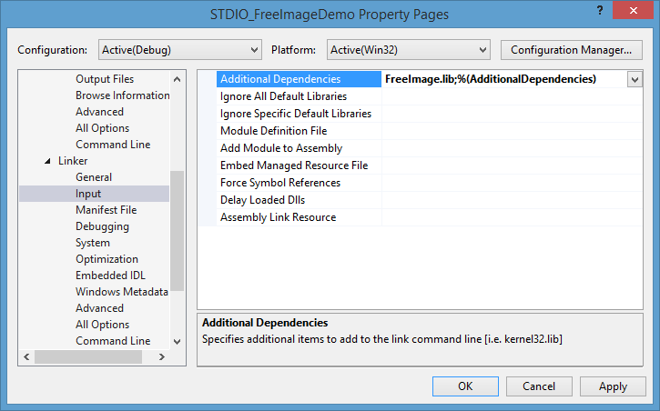 Thêm thư viện liên kết FreeImage vào Visual Studio C++.