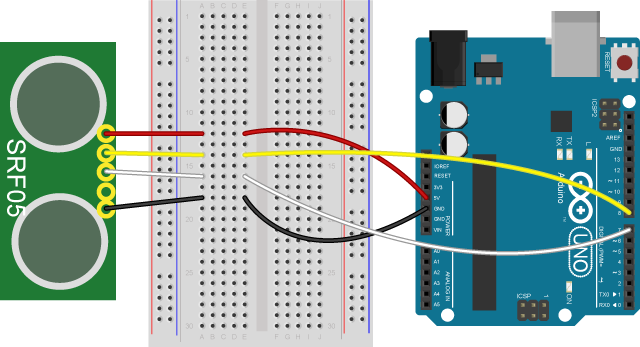 Sơ đồ mạch test cảm biến siêu âm SRF05 và Arduino.