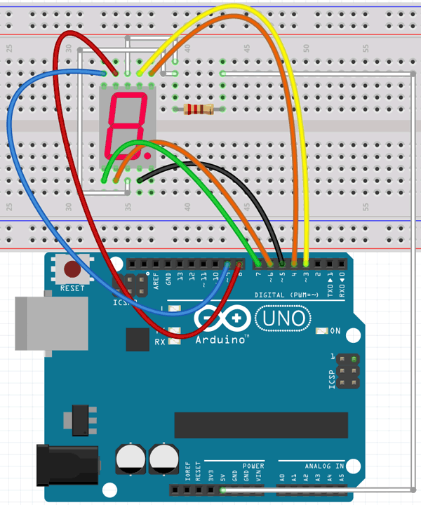 Sơ đồ lắp mạch cho LED 7 đoạn và Arduino.