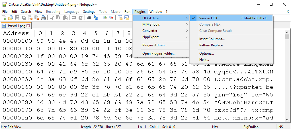 Mở file nhị phân bằng HEX-Editor trong Notepad++
