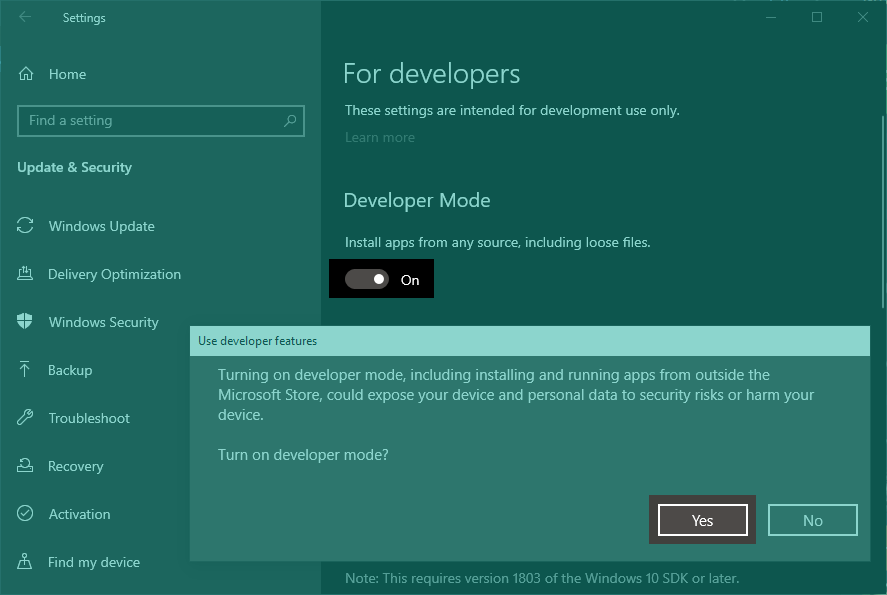 Bật Developer Mode trên Windows 10.